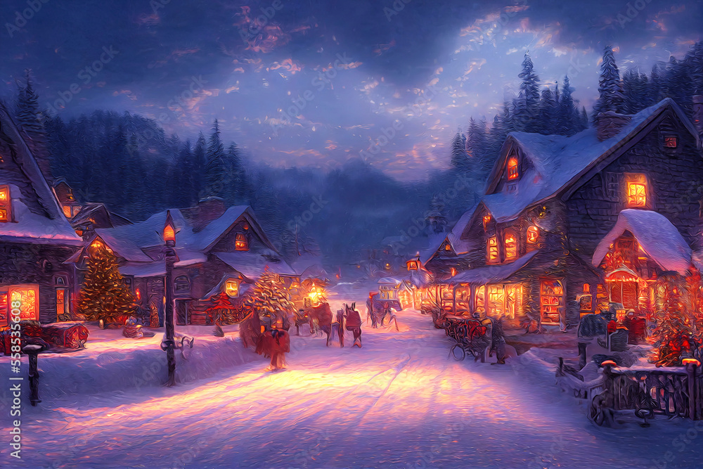 Fototapeta premium A beautiful outdoor Christmas scene. illustration of a Christmas house with snow, winter landscape in a village.