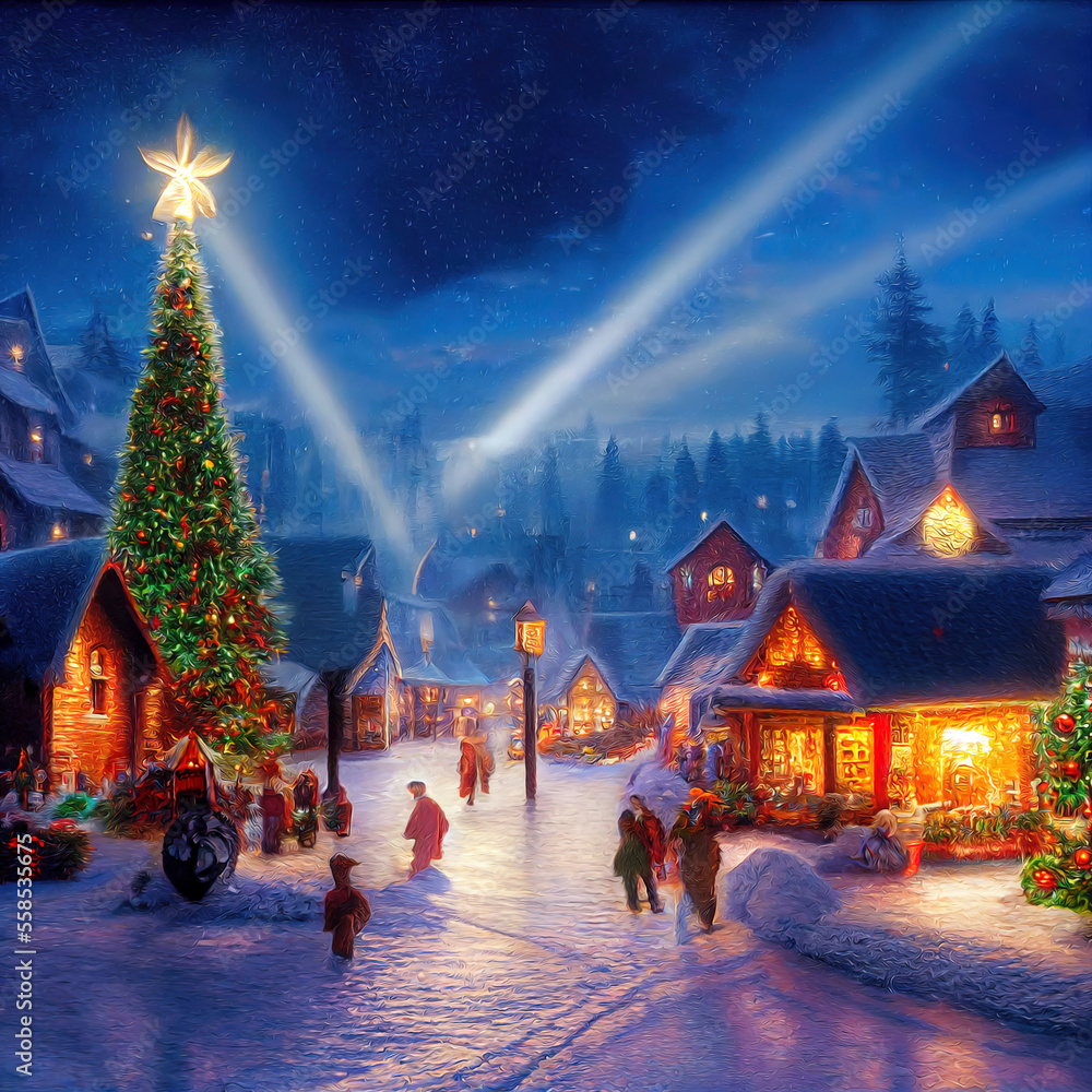 Obraz premium A beautiful Christmas village in the mountains. Winter landscape. houses with christmas decorations