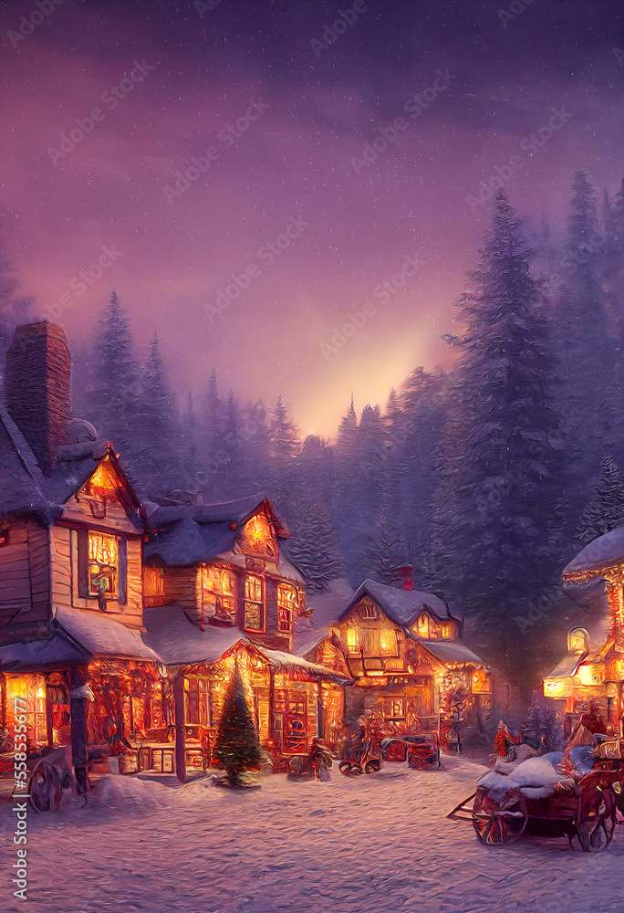 A beautiful Christmas village in the mountains. Winter landscape. houses with christmas decorations A beautiful Christmas village in the mountains. Winter landscape. houses with christmas decorations