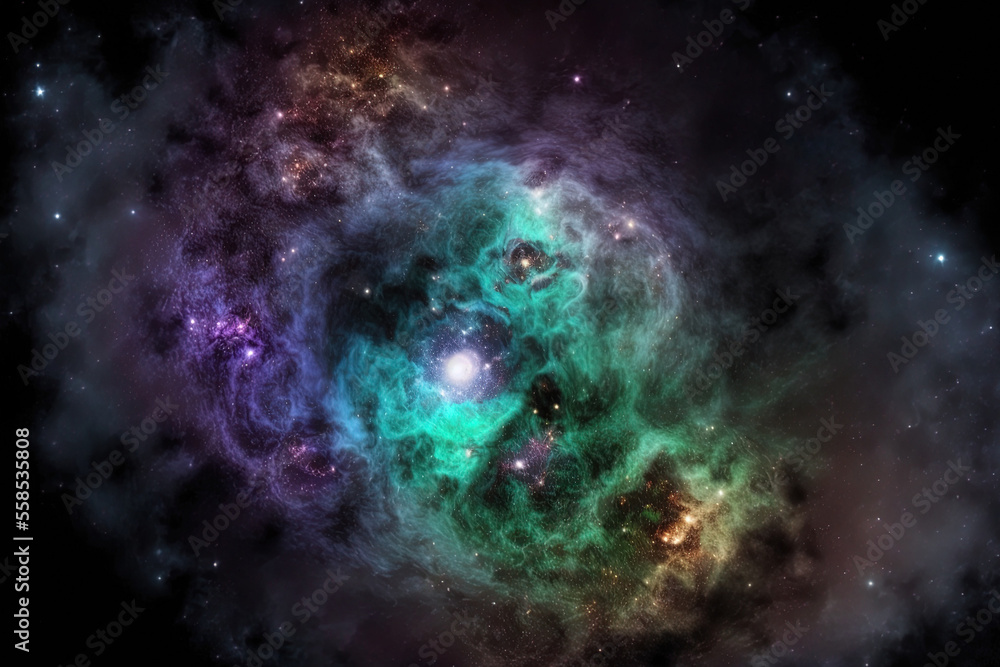 fractal nebula dust in various colors on a dark backdrop. Generative AI