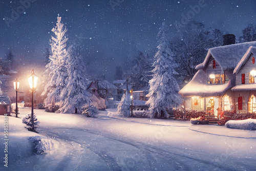 A beautiful outdoor Christmas scene. illustration of a Christmas house with snow, winter landscape in a village. © Fernando