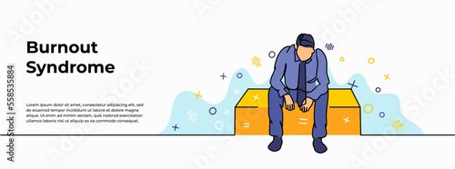 Burnout Syndrome web banner. Vector illustration of a man sitting alone because tired work and lonely. Modern flat in continuous line style.