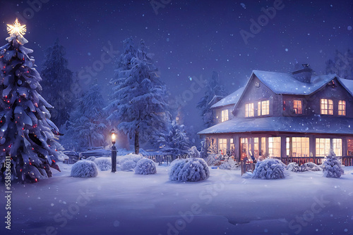 A beautiful outdoor Christmas scene. illustration of a Christmas house with snow, winter landscape in a village. © Fernando