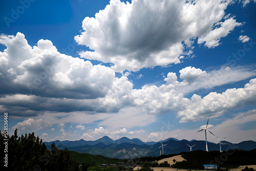 July 16, 2020 in Pyeongchang gun, Gangwon do, South Korea Cumulus clouds in the sky are in the backdrop as wind turbines at Yugbaegmajigi Farm atop Cheongoksan Mt are seen. Generative AI photo