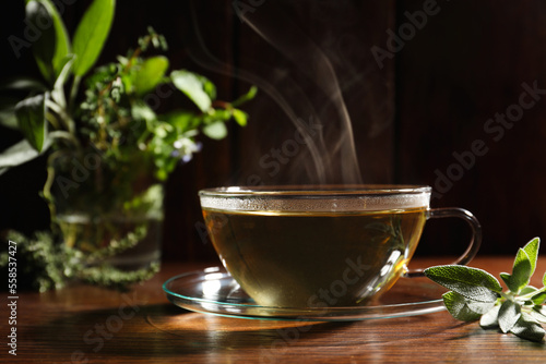 Cup of aromatic herbal tea and sage on wooden table