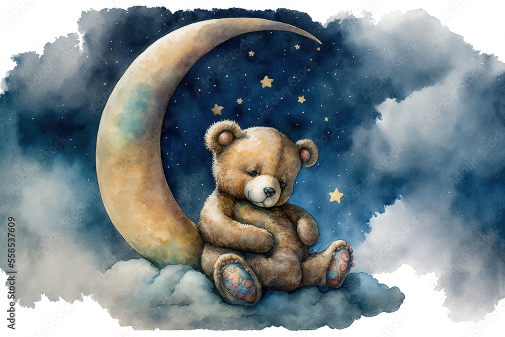 Teddy bear sleeping in a Crescent moon with stars, clouds, watercolor ...