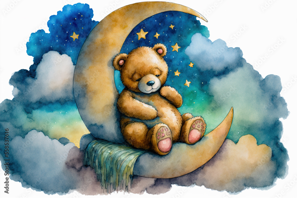 Teddy bear sleeping in a Crescent moon with stars, clouds, watercolor ...