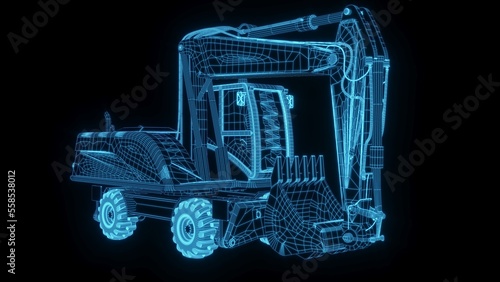 3D rendering illustration excavator blueprint glowing neon hologram futuristic show technology security for premium product business finance 