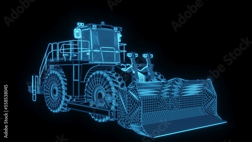 3D rendering illustration tractor for architecture or agriculture blueprint glowing neon hologram futuristic show technology security for premium product business finance 