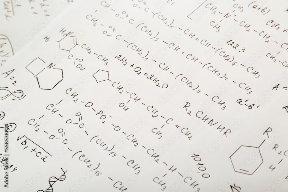 Sheet of paper with different chemical formulas, closeup