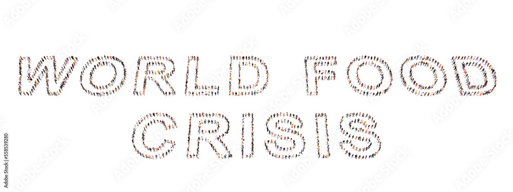Concept conceptual large community of people forming the WORLD FOOD CRISIS message. 3d illustration metaphor for shortage, drought, recession, ukraine war, hight prices, poverty and famine Concept conceptual large community of people forming the WORLD FOOD CRISIS message. 3d illustration metaphor for shortage, drought, recession, ukraine war, hight prices, poverty and famine