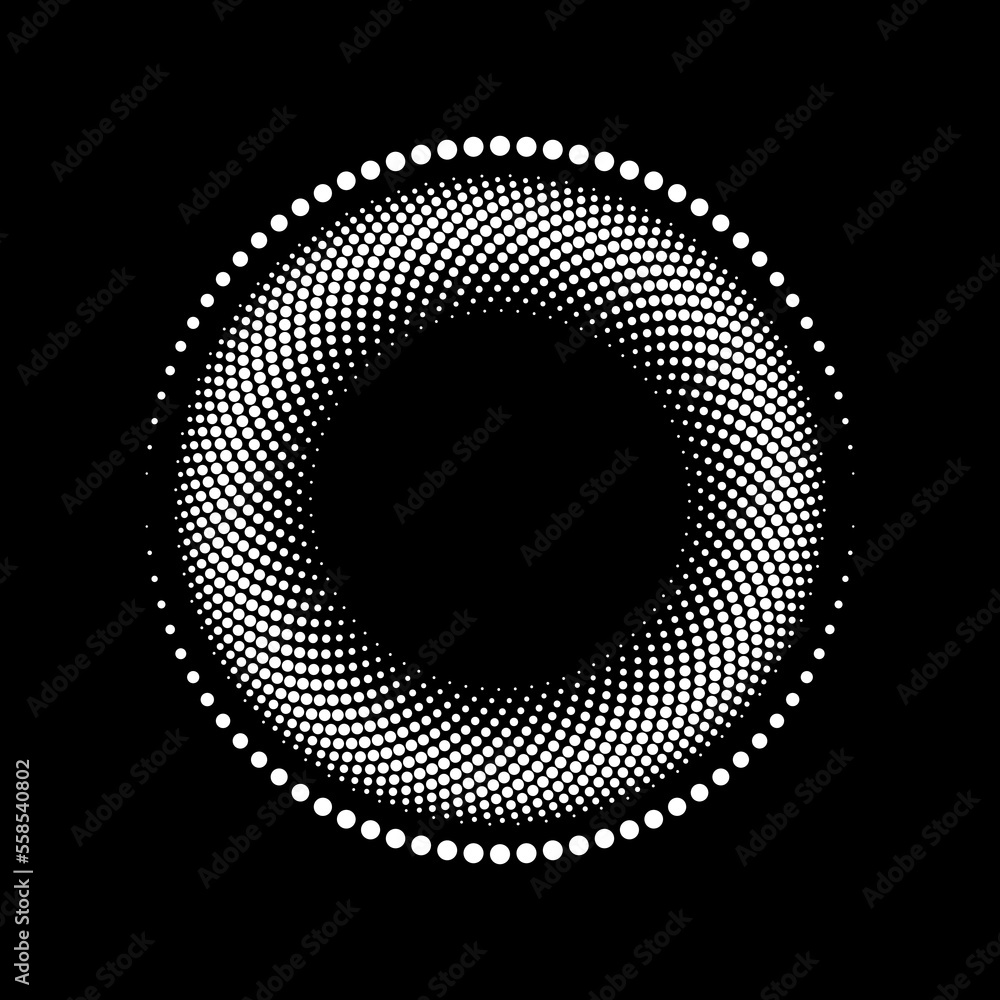 White abstract halftone dots in round form. Geometric art. Design element for border frame, round logo, badge, emblem, tattoo, sign, symbol, social media, prints, template, pattern, backdrop