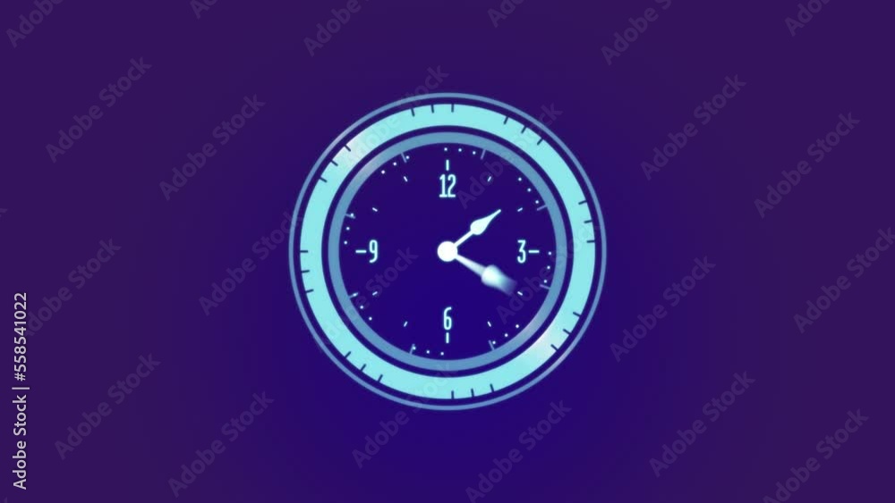 Animation of neon ticking clock against blue gradient background Animation of neon ticking clock against blue gradient background