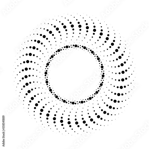 Black halftone dotted speed lines in circle form. Geometric art. Design element for border frame, round logo, tattoo, sign, symbol, social media, prints, badge, template, pattern and abstract backdrop