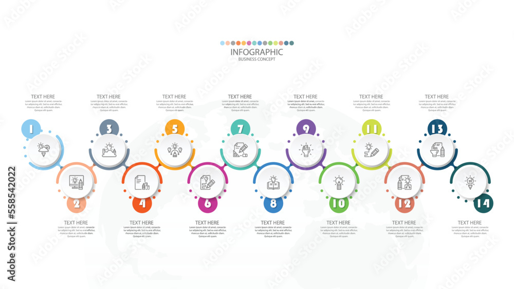 Process infographic with 14 steps, process or options. - obrazy, fototapety, plakaty 