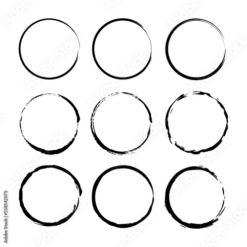 Brush circles in line art style. Round frame set. Grunge texture. Vector illustration. stock image.