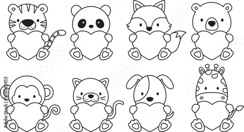 Vector illustration of cute Valentines animals outlines with hearts including a tiger, bear, fox, panda, monkey, cat, dog, and giraffe.