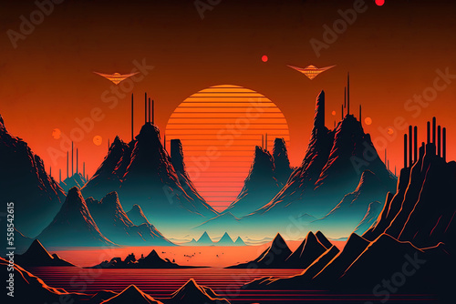 background with a futuristic landscape in retro style. Generative AI