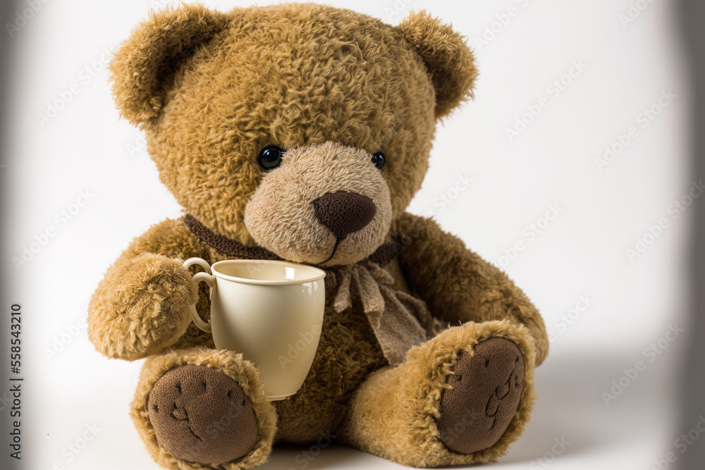 Obraz premium a stuffed bear drinking coffee. Generative AI