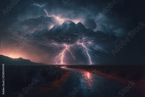 Lightning and thunderstorm flash at night with storm, illustration created by generative AI.