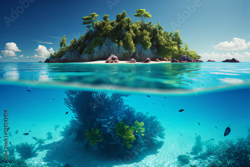 The view between tropical island and underwater, illustration created by generative AI.