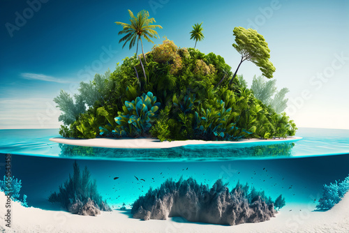 Beautiful tropical island surrounded by white sand with coral reef under the sea, illustration created by generative AI.
