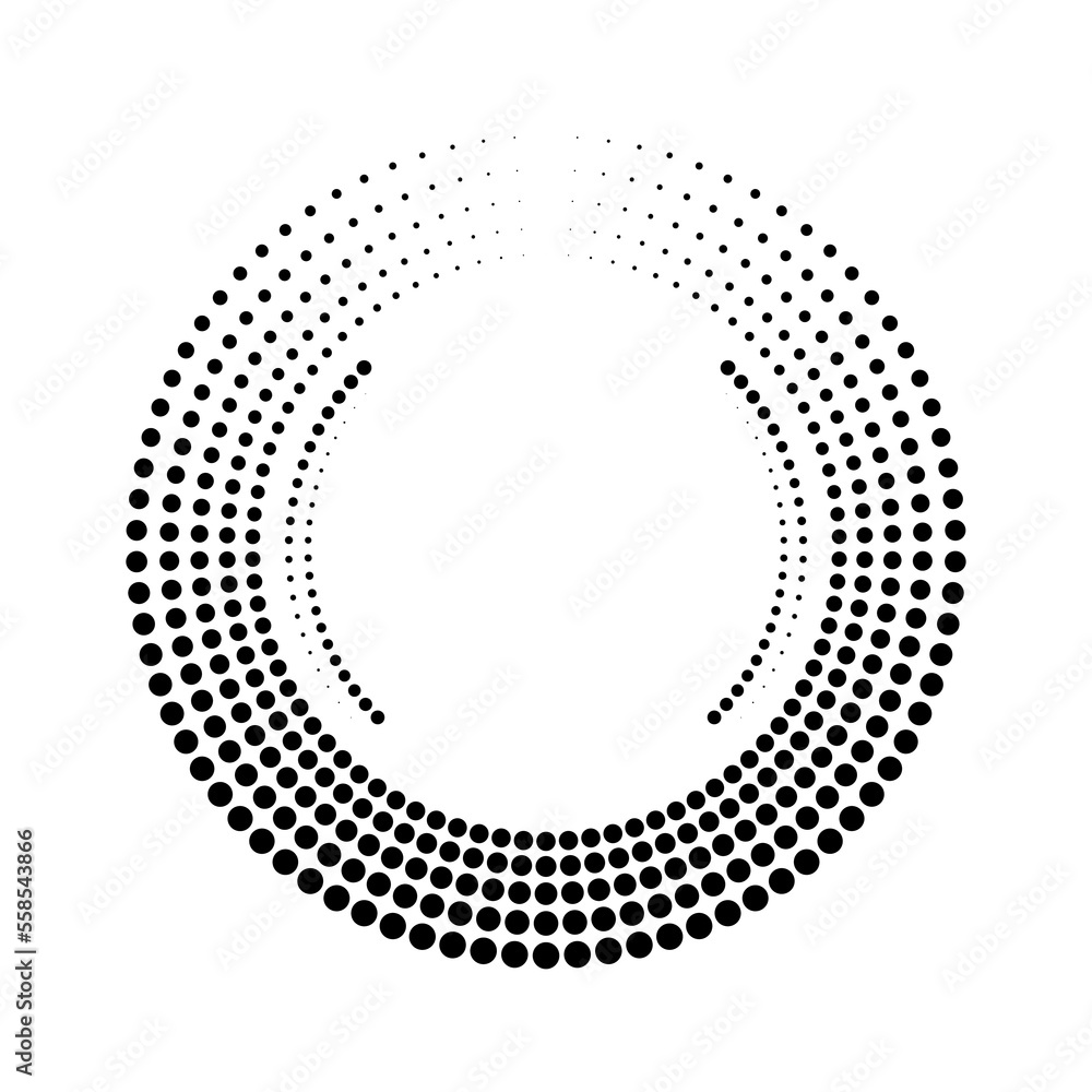 Abstract black dots in circle form. Concentric rotating circles.   Halftone dotted lines. Trendy element for posters, social media, logo, badges, frames, promotion, flyer, covers, banners, backdrop