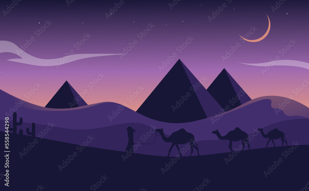 Landscape illustration of Ramadan kareem with silhouette of pyramid, camel and cactus in desert