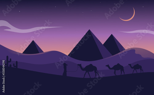 Landscape illustration of Ramadan kareem with silhouette of pyramid  camel and cactus in desert