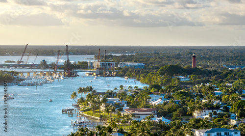 Aerial panoramic of Jupiter, Florida inlet and lighthouse. USA January 2023