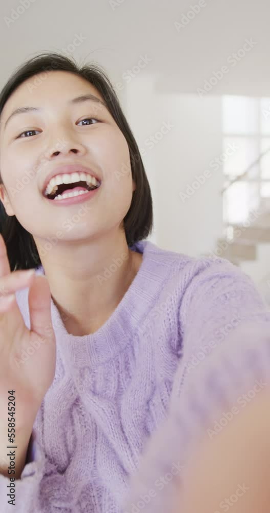 Vertical video of portrait of happy asian woman having video call in living room