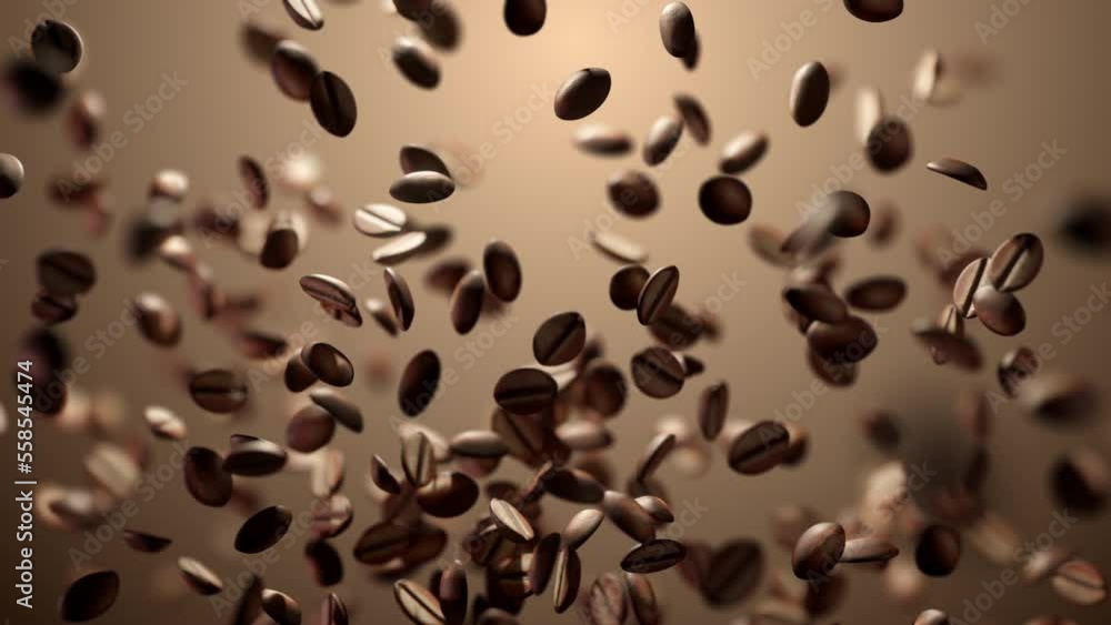 Super slow motion shot of falling roasted aromatic coffee beans Super slow motion shot of falling roasted aromatic coffee beans