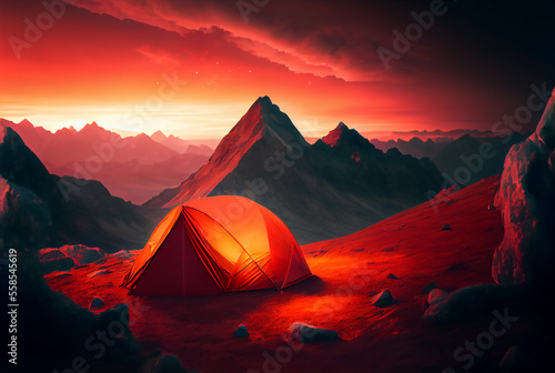 Glowing orange tent in the mountains under dramatic evening sky. Red sunset and mountains in the background image created with Generative AI technology.