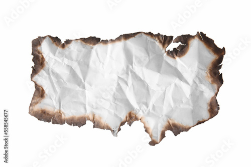 Piece of crumpled paper with dark burnt borders on white background, top view. Space for text