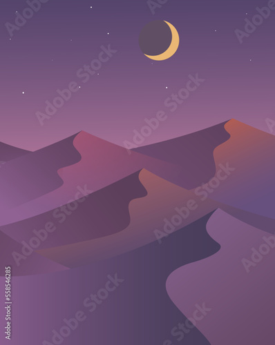 vector illustration of night desert landscape with crescent moon