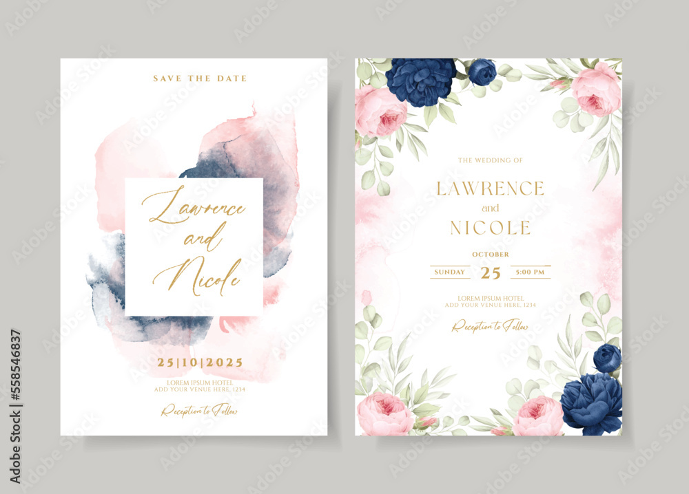 Wedding invitation template set with navy pink floral and leaves decoration. Watercolor wedding invitation