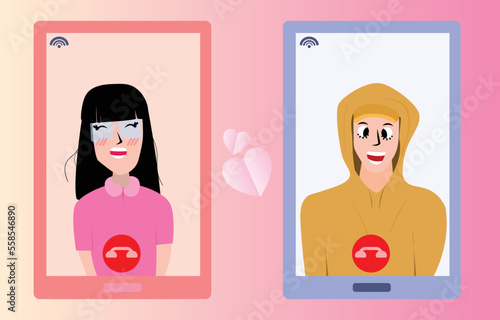 Young man making a video call through a mobile phone frame. Love greeting card concept for Valentine's Day. Couple and social media application communication. Decorated with paper cut hearts.