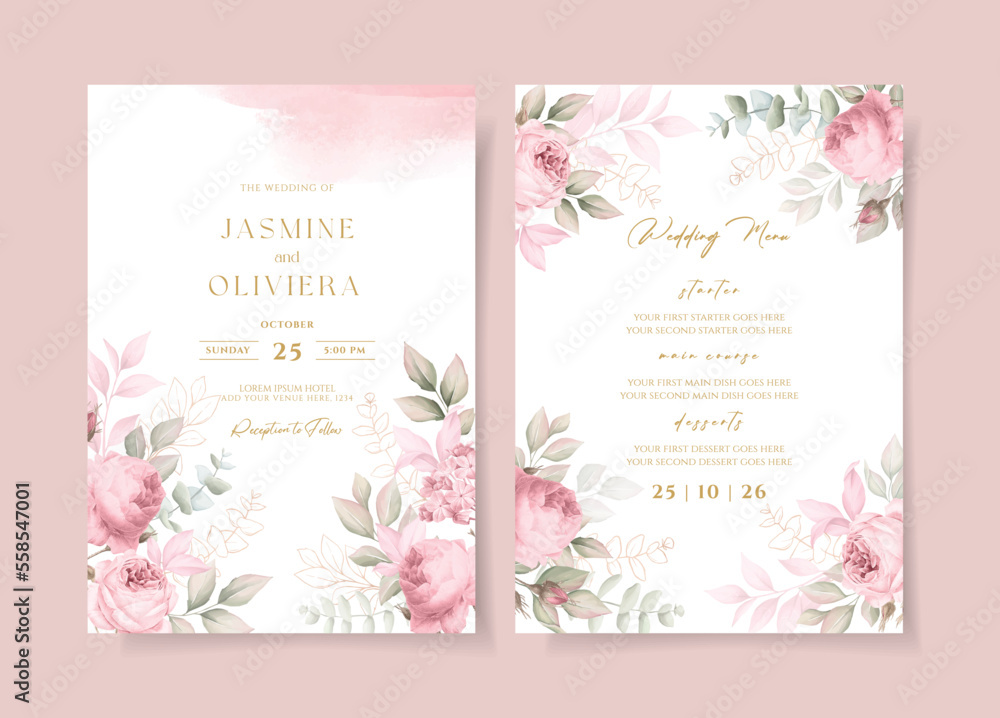 Wedding invitation template set with pink floral and leaves decoration