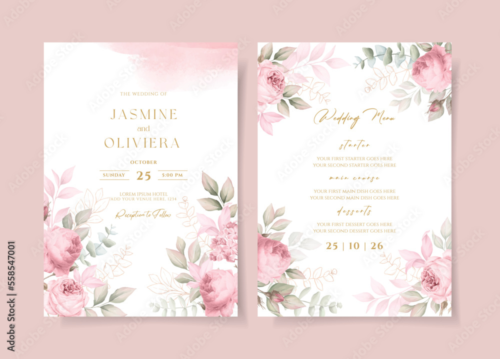 Wedding invitation template set with pink floral and leaves decoration ...