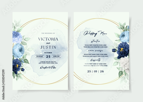 Wedding invitation template set with blue navy floral and leaves decoration