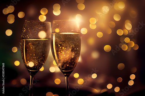 2 champagne glasses with a blurred golden bokeh lights in background