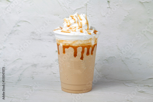 Freshly made caramel macchiato flavored frappe