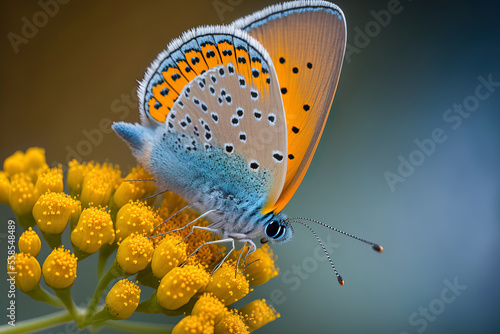 Lycaena dispar, a blue butterfly, rests on flowers in a blue environment and examines one of the blooms. Generative AI photo