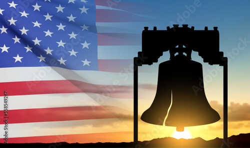 SIlhouette of The Liberty Bell as symbols of freedom and justiceon background of sunset. Concept - National Freedom Day. February 1. EPS10 vector