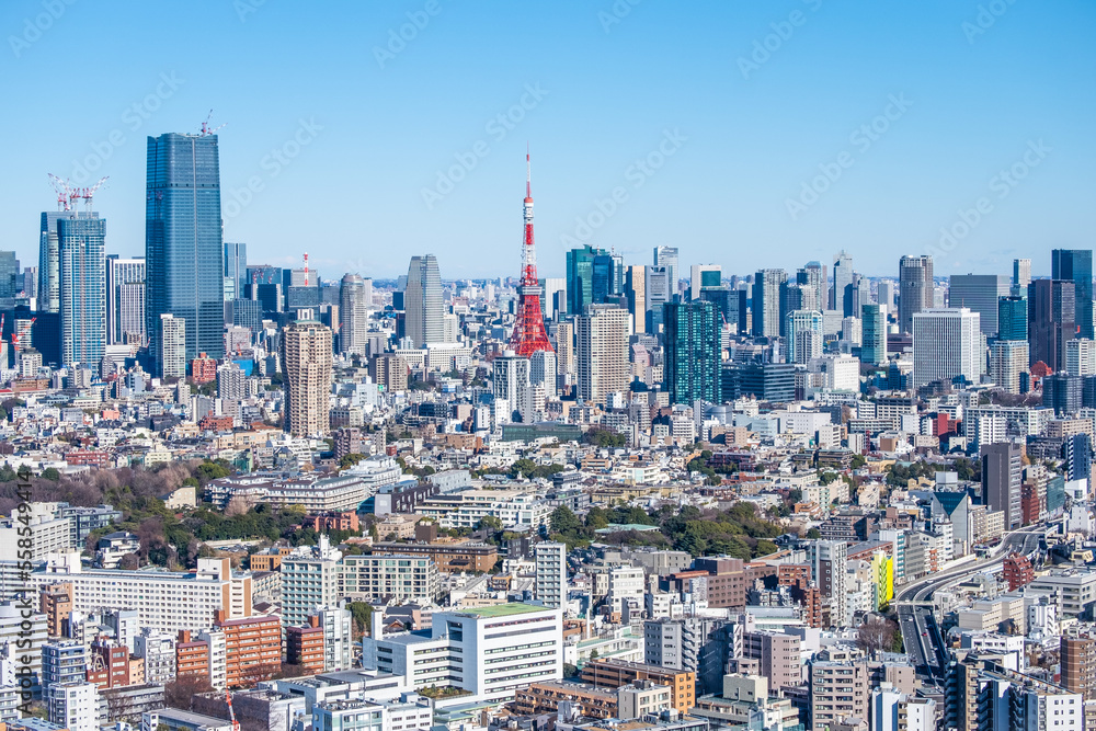 日本の首都東京都の東京タワーとビル郡