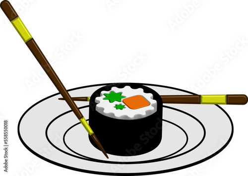 Sushi on plate with chopsticks perspective 3d icon. 3d render illustration of rolls with salmon and chopsticks. Japanese food in 3d