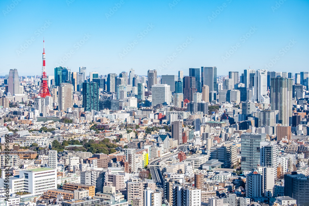 東京都恵比寿の展望台からの東京タワーとビル郡