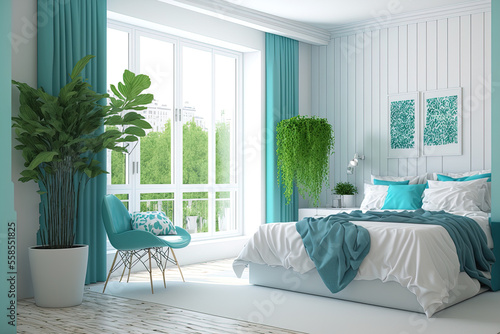 Modern bedroom in white and turquoise with parquet, a large window, indoor plants, and comfortable cushions. Interior design, top perspective, layout, and eco friendly. Generative AI