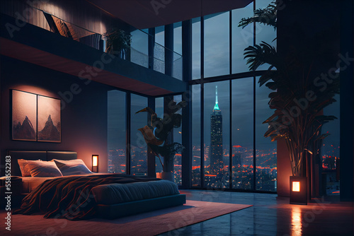 Luxury penthouse bedroom at night. Luxurious and classy interior. Generative AI. photo