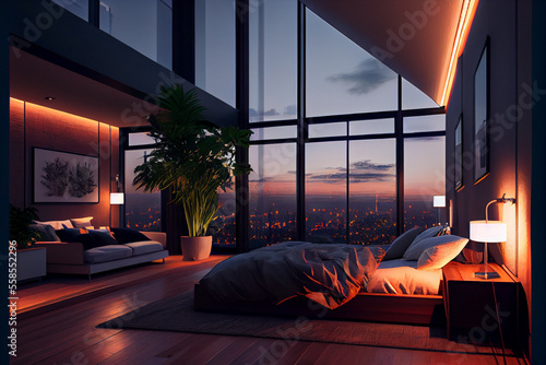 Luxury penthouse bedroom at night. Luxurious and classy interior. Generative AI. photo